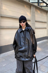 Schwarze Lederjacke für Damen mit langen Ärmeln und Reißverschluss